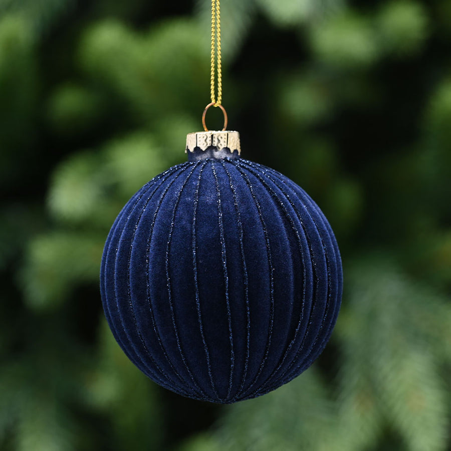 Flocked Midnight Blue Glass Bauble - L Midnight Blue Flocked Glass Bauble 8CM Accessories Sterling Home 1