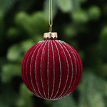 Flocked Burgundy Red & Gold Glitter Glass Bauble - C Burgundy Flock Gold Glitter Glass Bauble 8CM Accessories Sterling Home 1