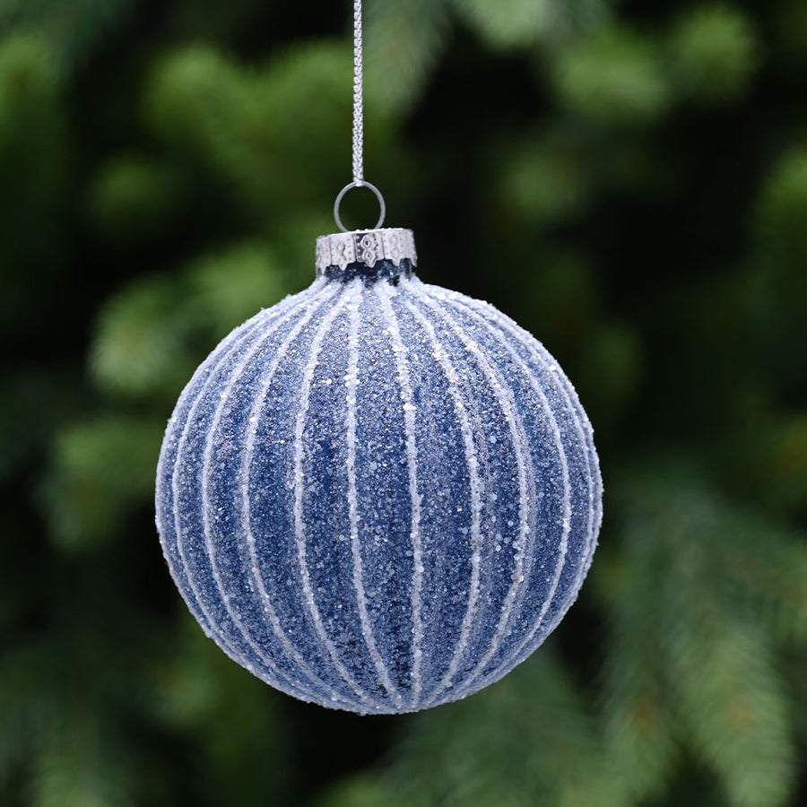 Glitter Encrusted Blue & White Glass Bauble - L Blue Glitter White Stripe Glass Bauble 8CM Accessories Sterling Home 1