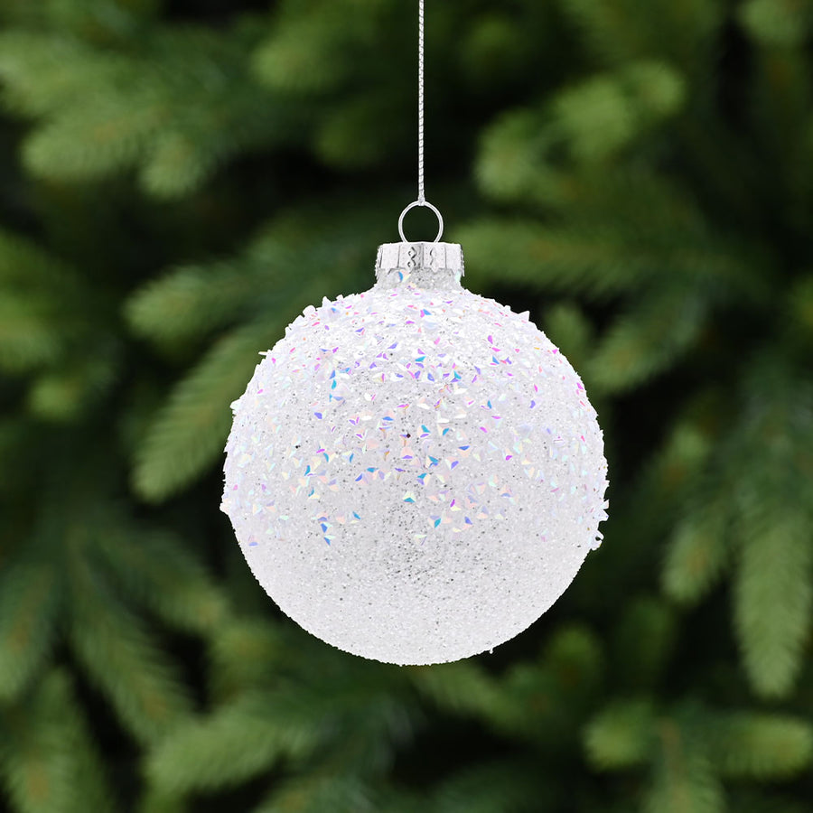 Iridescent & Glitter White Glass Bauble - L White Iridescent Glitter Glass Bauble 8CM Accessories Sterling Home 1