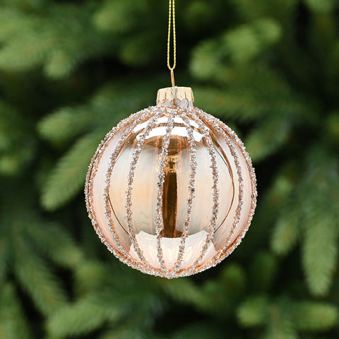 Bronze Striped Glass Bauble - I Translucent Amber Stripes Glass Bauble 8CM Accessories Sterling Home 1