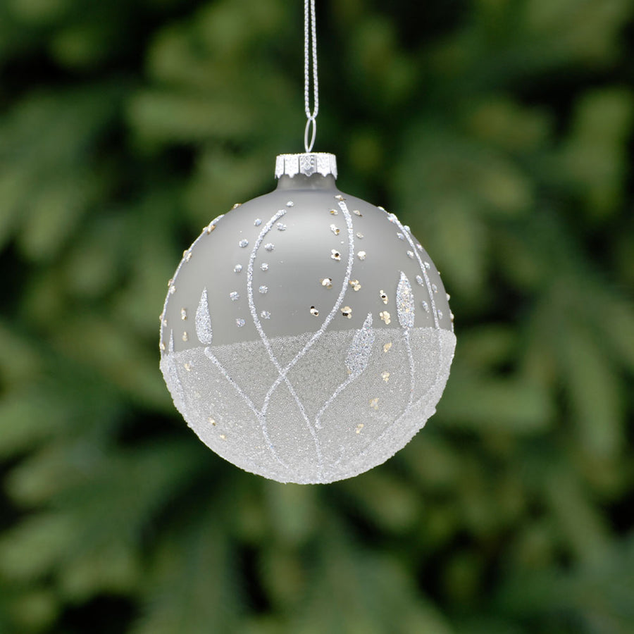 Glitter Striped Grey Glass Bauble - L Grey Glitter Silver Lines Glass Bauble 8CM Accessories Sterling Home 1