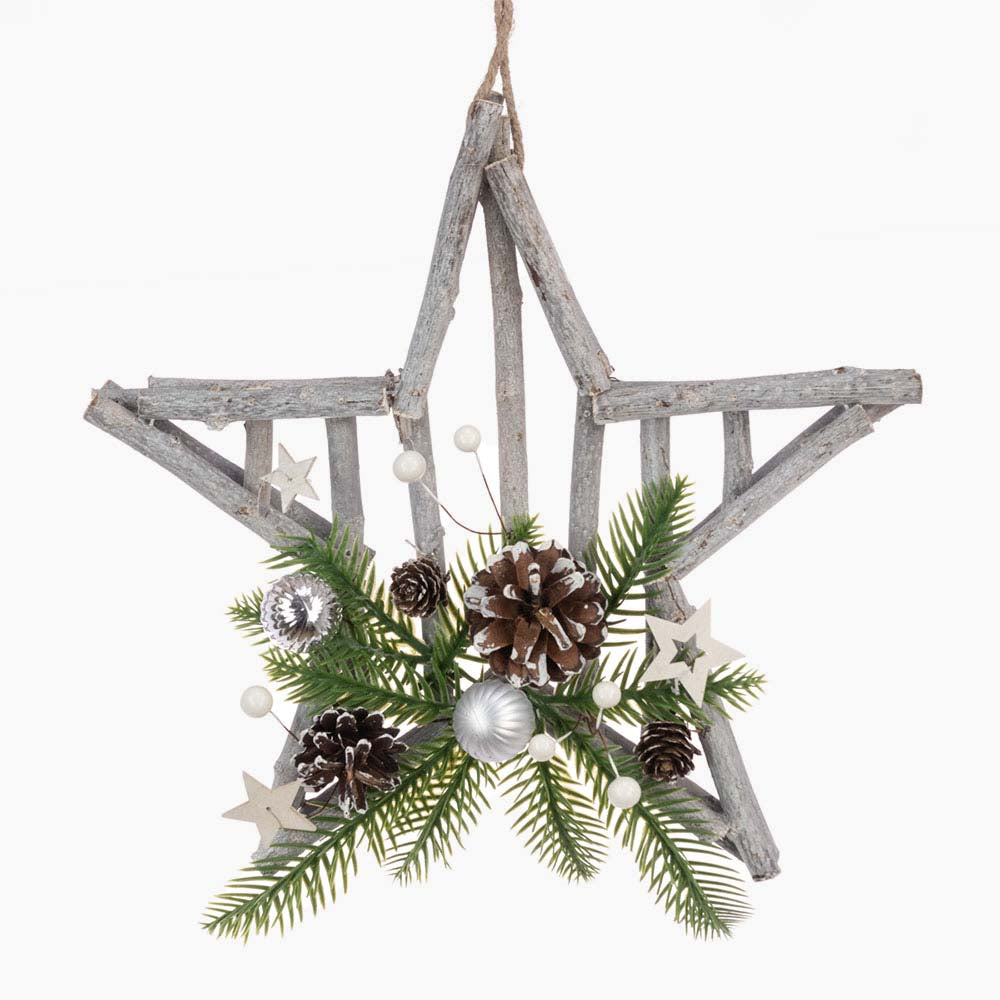 Wooden Star With Pine Hanging Decoration - S Wooden Star W/Pine Decoration Accessories Sterling Home 1