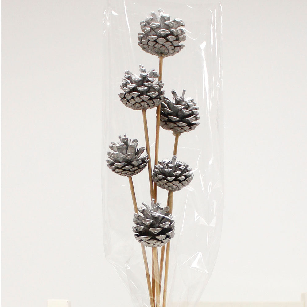 Sleeved Silver Pinecone Artificial Flower Bunch - L Sleeved Bunch Pine Cone Stems Silver Accessories Sterling Home 1