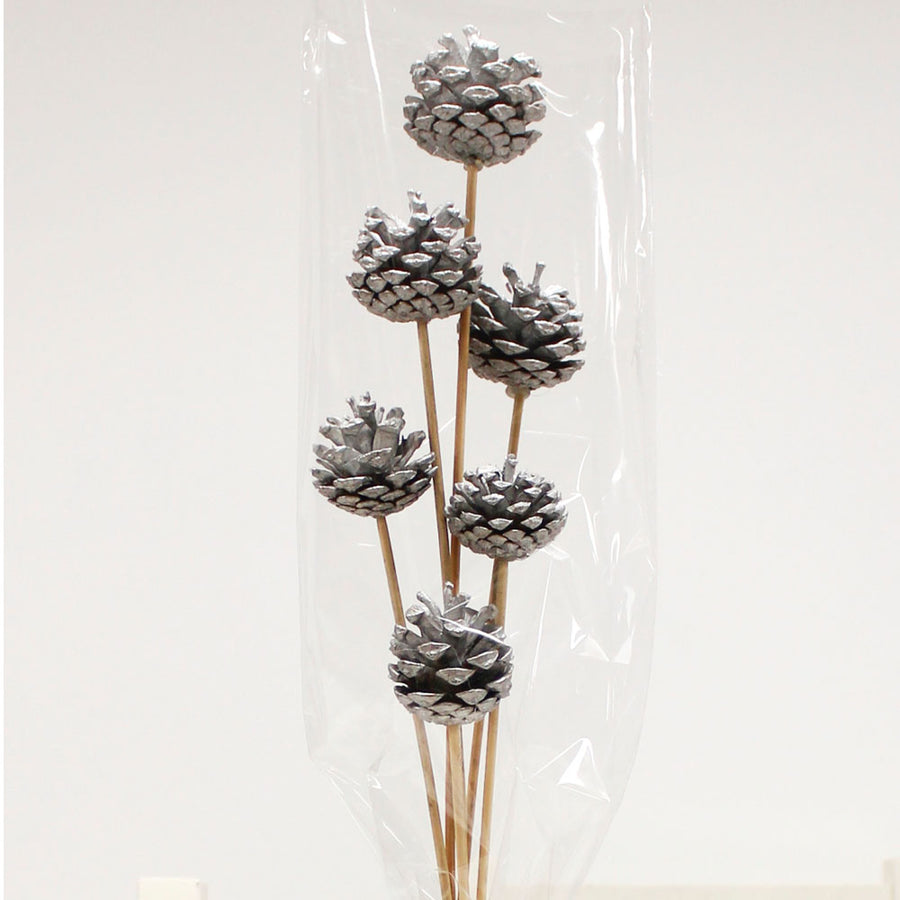 Sleeved Silver Pinecone Artificial Flower Bunch - L Sleeved Bunch Pine Cone Stems Silver Accessories Sterling Home 1