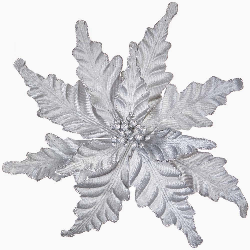 Velvet Poinsettia Silver Artificial Flower Clip - L Poinsettia Velour Clip Silver 30CM Accessories Sterling Home 1