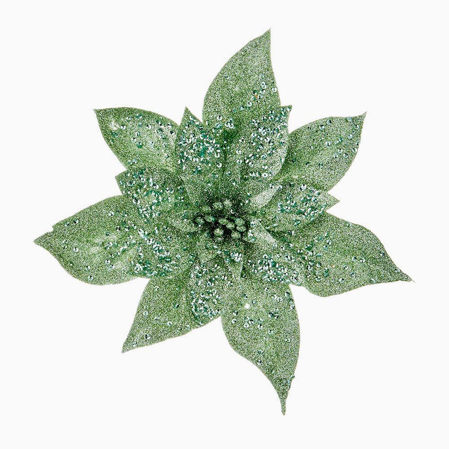 Velvet Poinsettia Green Artificial Flower Clip - S Glitter Poinsettia Clip Green 22CM Accessories Sterling Home 1
