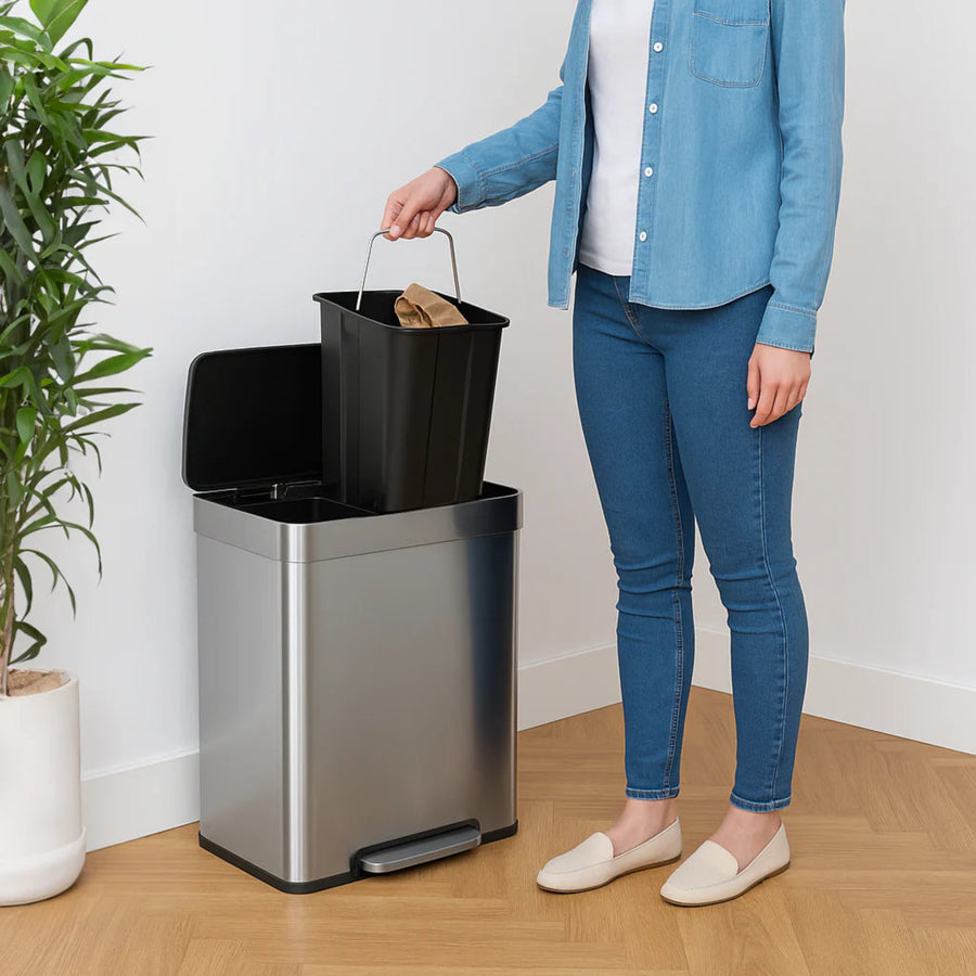 Brushed Stainless Steel Double Kitchen Pedal Bin - Double Pedal Bin Brushed SS 60L Sterling Home 2