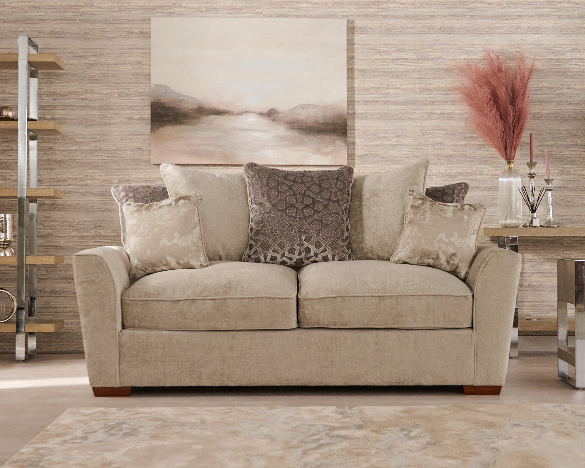 Allure beige sofa with decorative pillows in a living room setting.