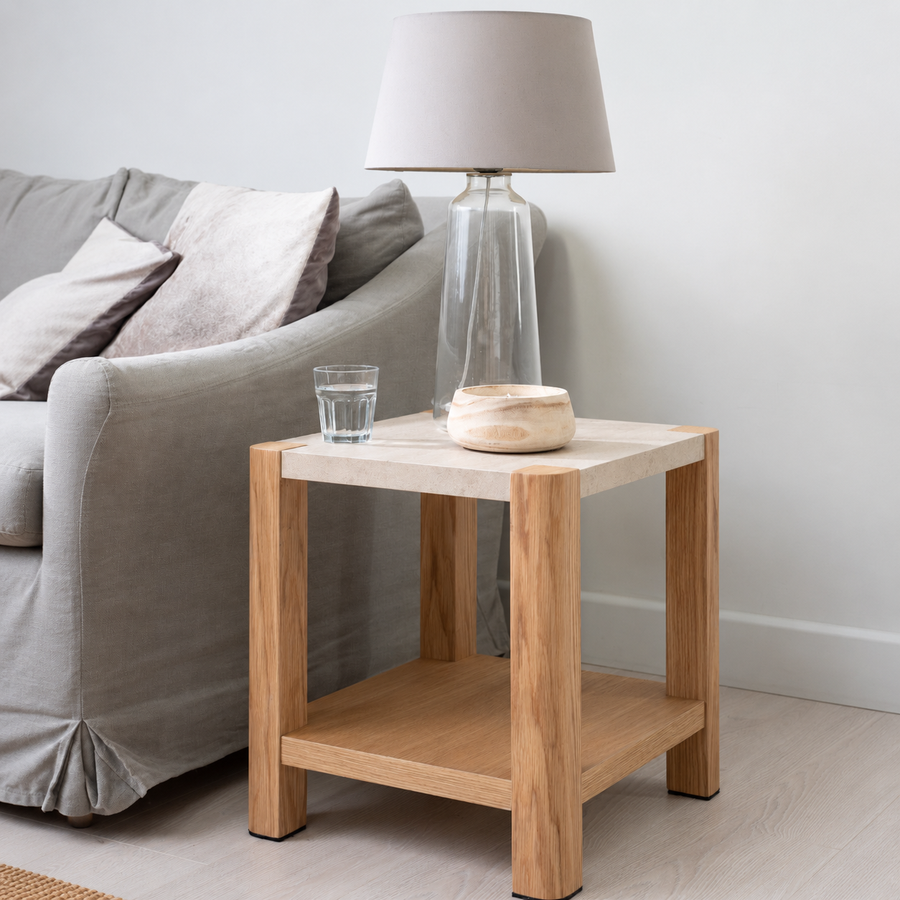 Axis Lamp Table - Lamp Table Travertine Effect / Oak Sterling Home 2