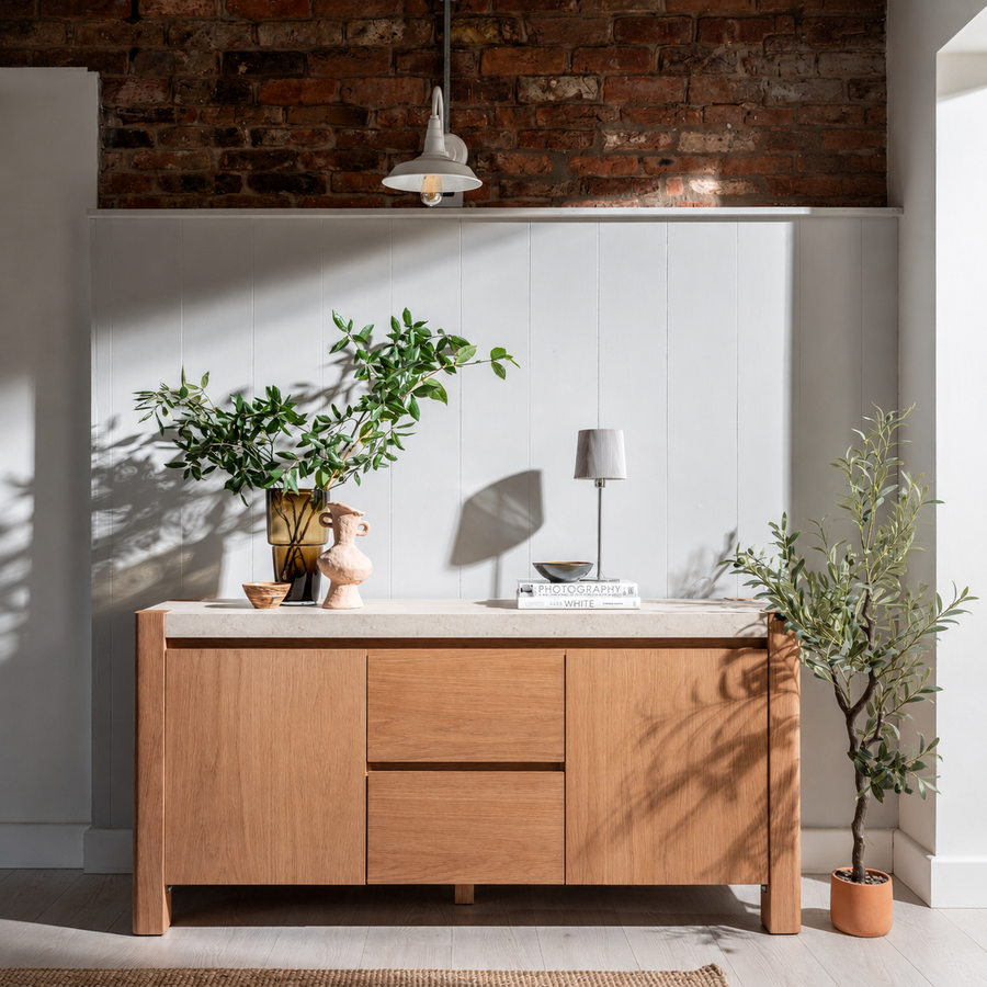 Axis Wide Sideboard - Wide Sideboard Travertine Effect / Oak Sterling Home 2