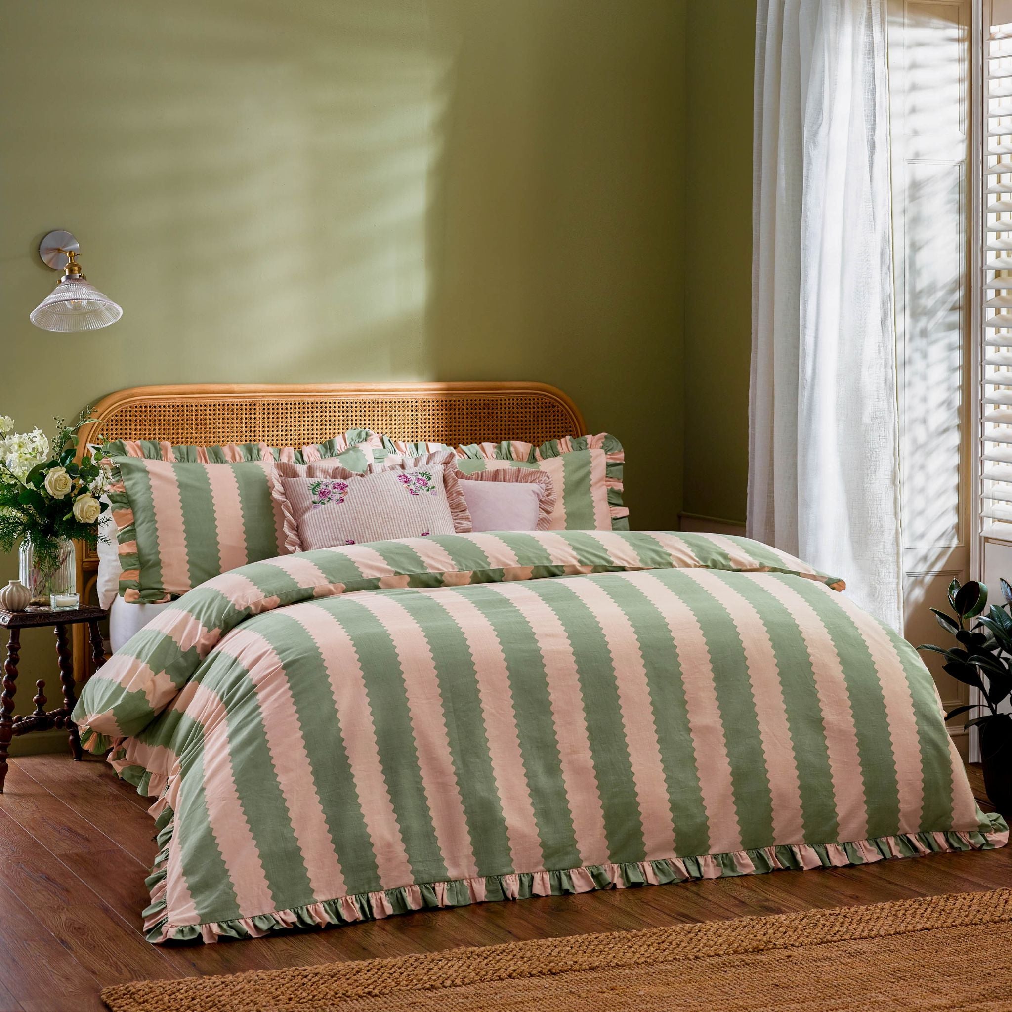 Birdie Stripe Ruffle Pink And Green Duvet Cover Set Sterling Home 1