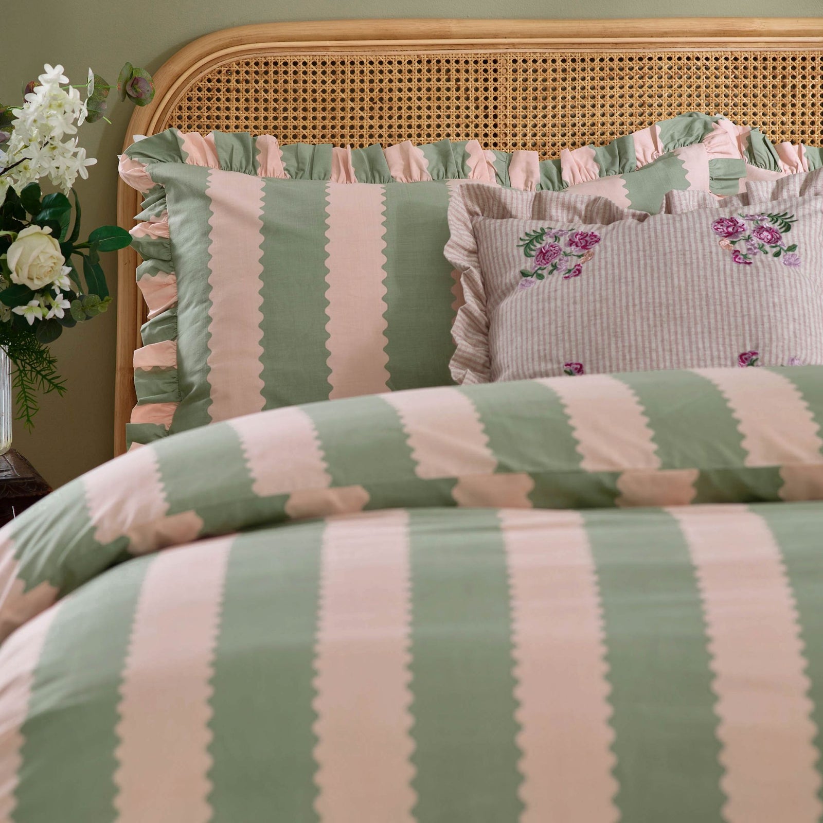 Birdie Stripe Ruffle Pink And Green Duvet Cover Set - SALE Birdie Stripe Ruffle Double Duvetset Pink/Green Sterling Home 2