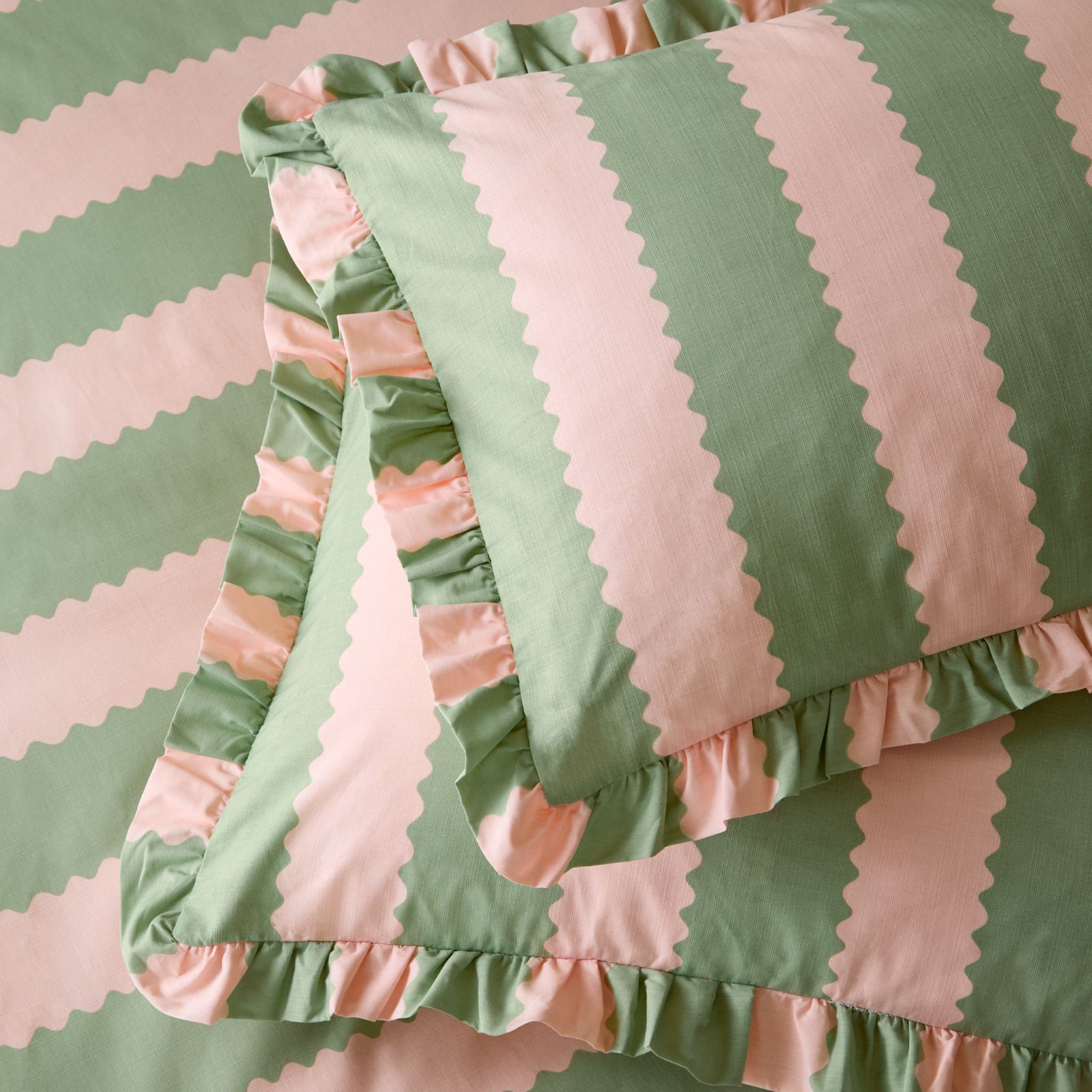 Birdie Stripe Ruffle Pillowcase Pair - SALE Birdie Stripe Ruffle Pillowcase Pair Pink/Green Sterling Home 1