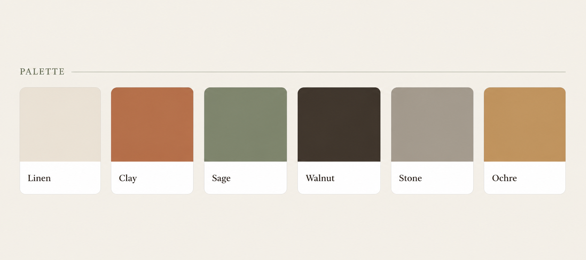 A colour palette chart with six labeled swatches: Linen, Clay, Sage, Walnut, Stone, and Ochre, arranged in a row on a light beige background.