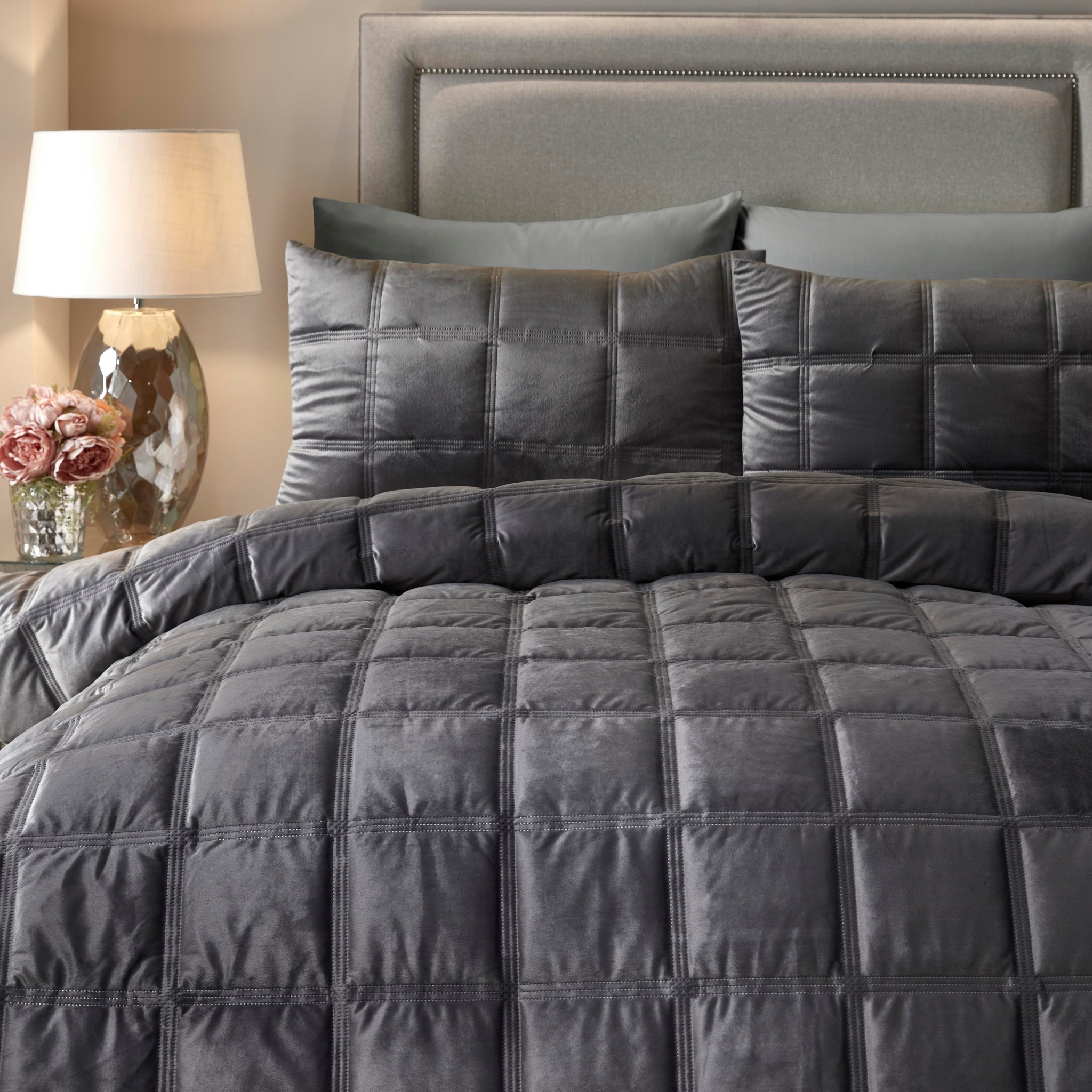 Brighton Square Grey Duvet Set Super King Sterling Home 2