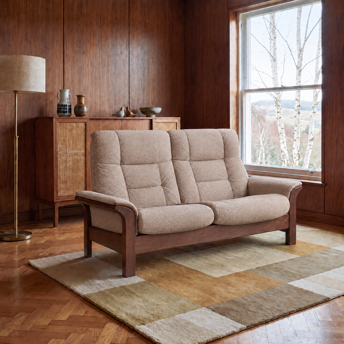 Stressless Buckingham High 2 Seater Sofa  - High 2 Seater Sofa Fabric Group 5 - Manual Recliner — Calido 57981 Light Beige, gallery image 1