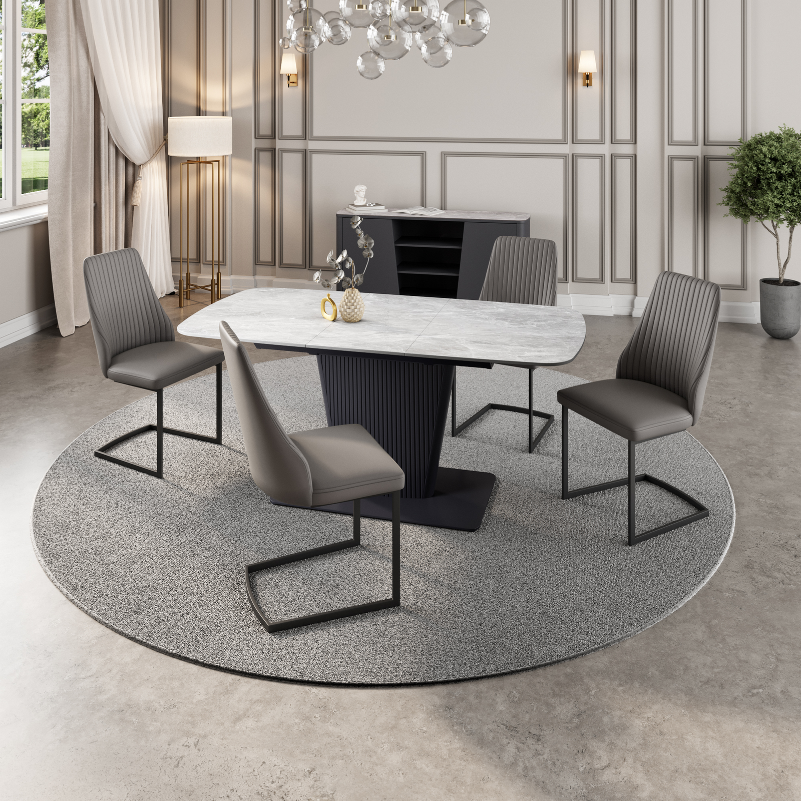 Celestia Large Grey Extending Dining Table & 4 Dining Chairs Set Sterling Home 2