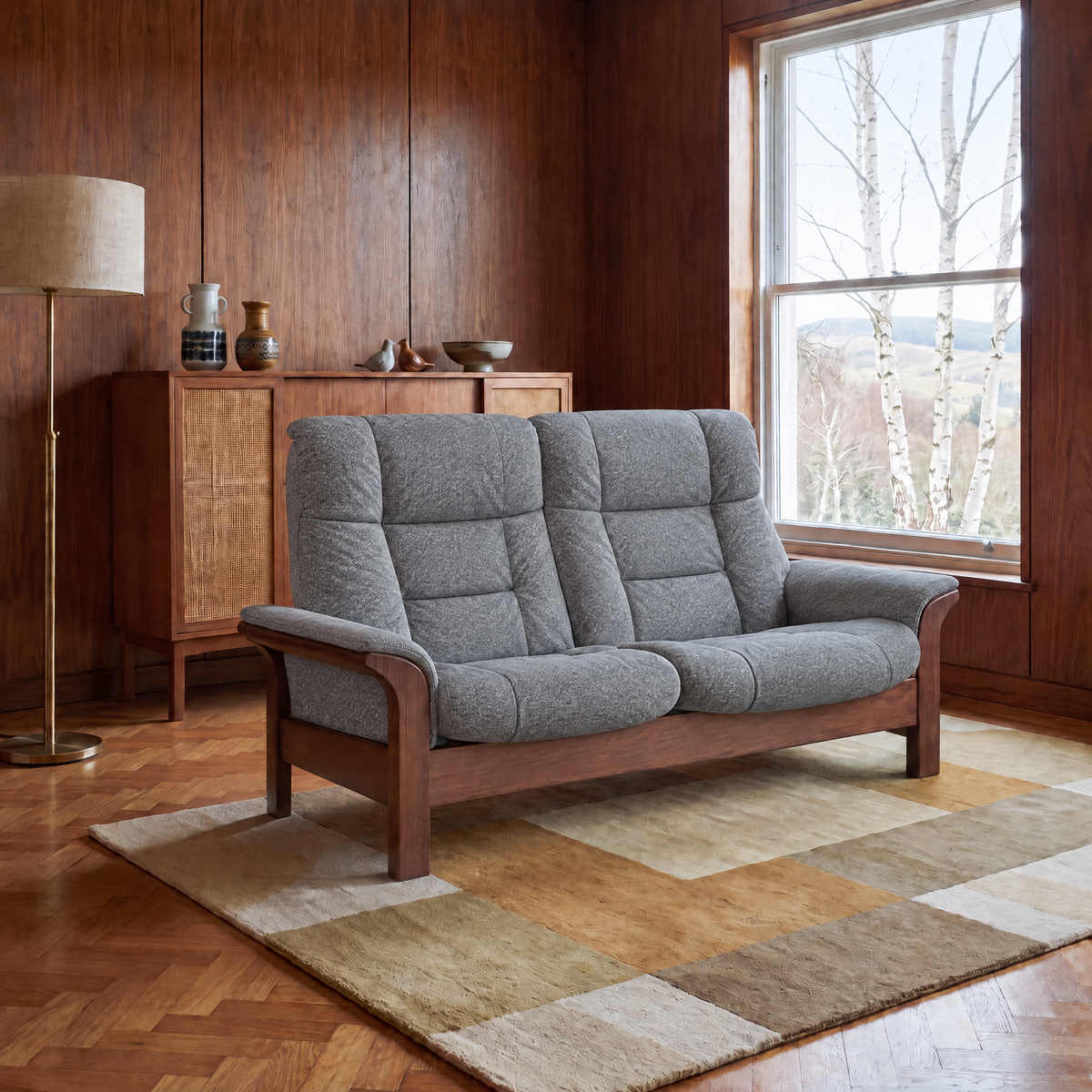 Stressless Buckingham High 2 Seater Sofa  - High 2 Seater Sofa Fabric Group 5 - Manual Recliner — Clover 50112 Grey, gallery image 1