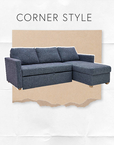 Blue corner-style sofa bed on a cardboard background with 'Corner Style' text above.