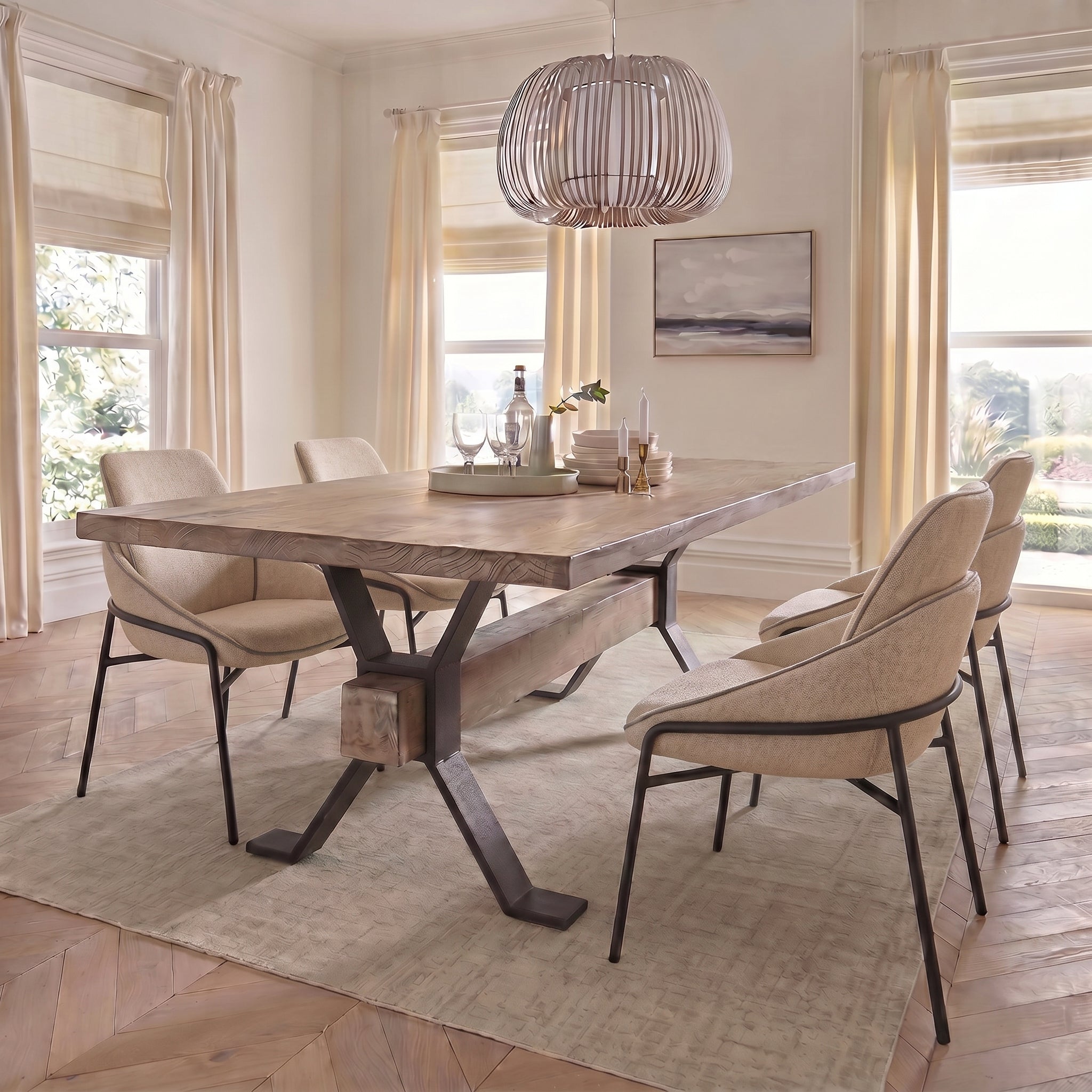 Dakota Large Dining Table & 4 Beige Dining Chairs Set Sterling Home 2
