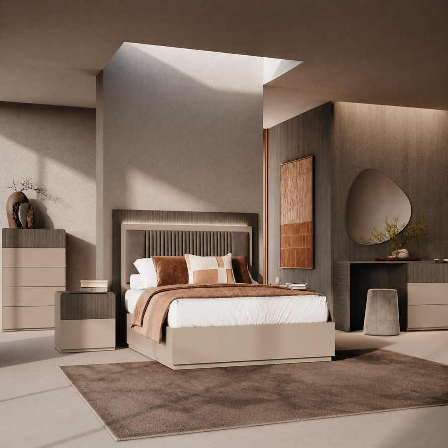 Portento Bedframe with Upholstered Headboard and LED Light - Bed with Upholstered Headboard and LED Light - 180 cm Taupe Cannete Wood matt - Super King Sterling Home 2