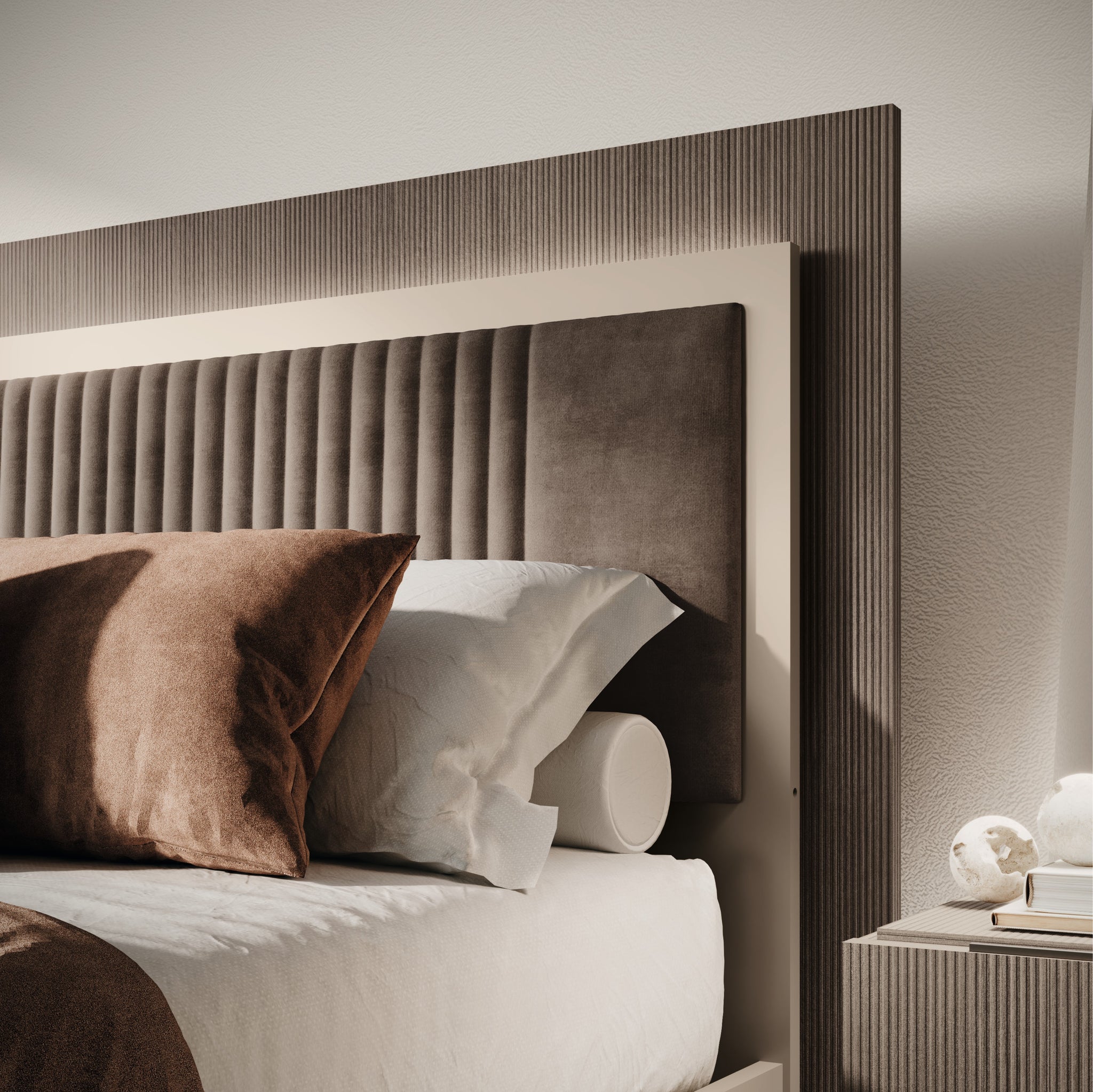 Portento Bedframe with Upholstered Headboard and LED Light - Bed with Upholstered Headboard and LED Light - 180 cm Taupe Cannete Wood matt - Super King Sterling Home 3