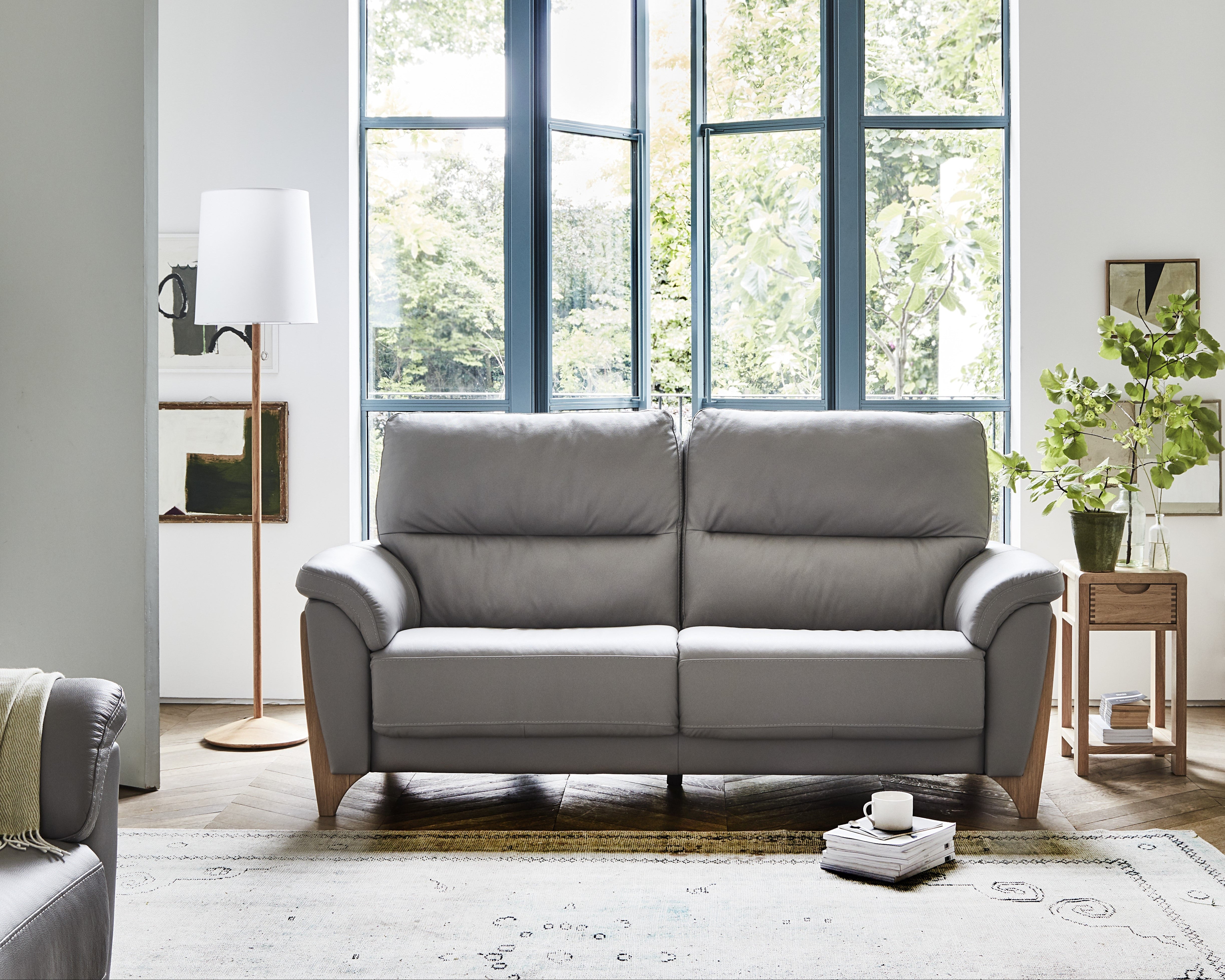 Grey sofa in a living room with large windows and decorative elements.