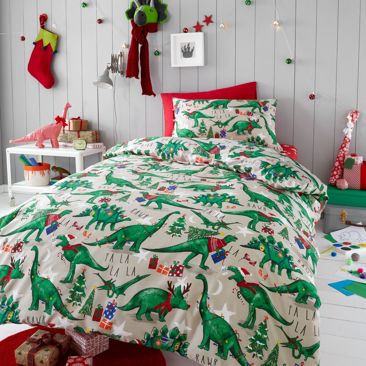 Festive Dino Duvet Cover Set - Festive Dino Duvet Set Single Sterling Home 1