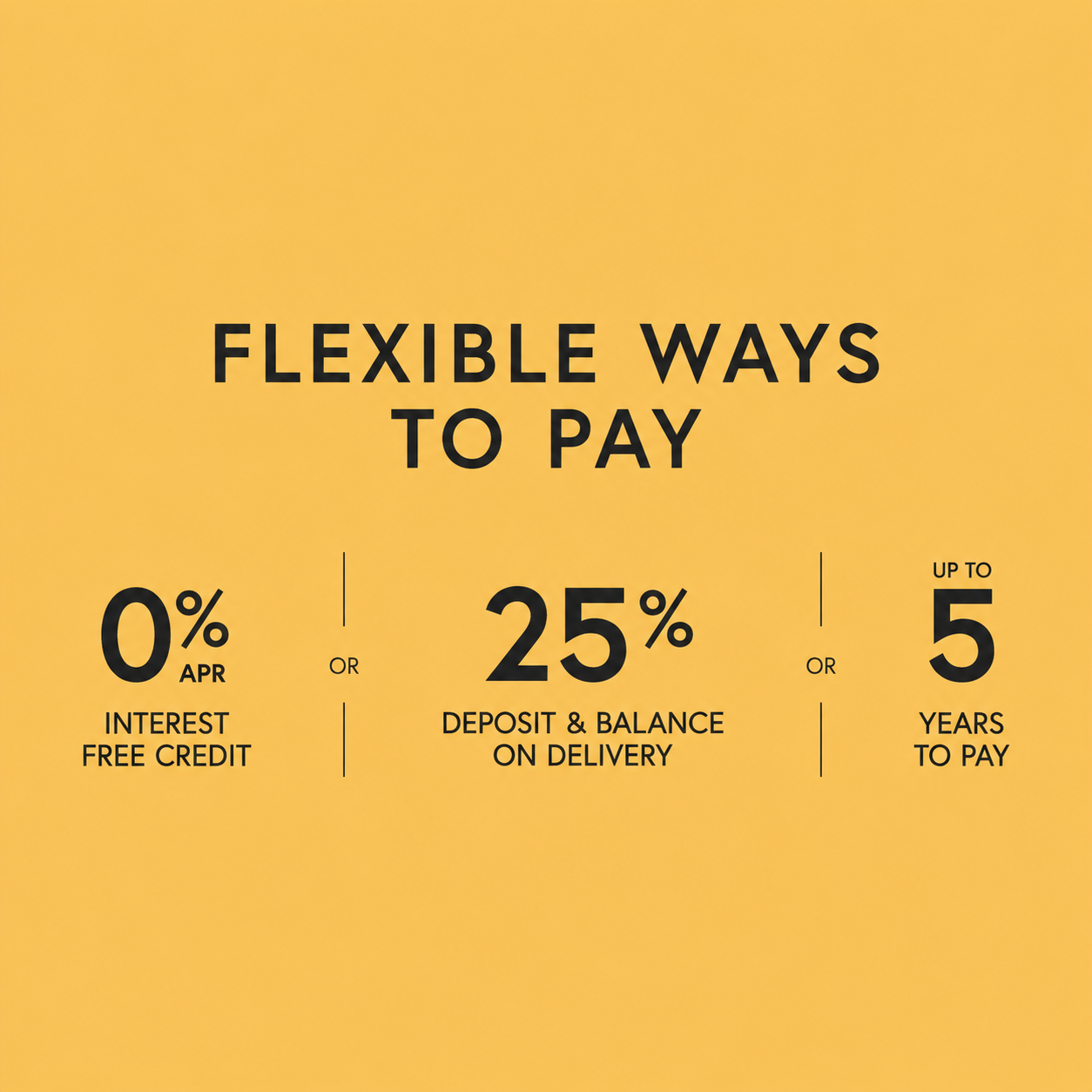 A yellow promotional graphic with black text reading 'FLEXIBLE WAYS TO PAY' and three offer points: 0% APR interest free credit, 25% deposit and balance on delivery, or up to 5 years to pay.