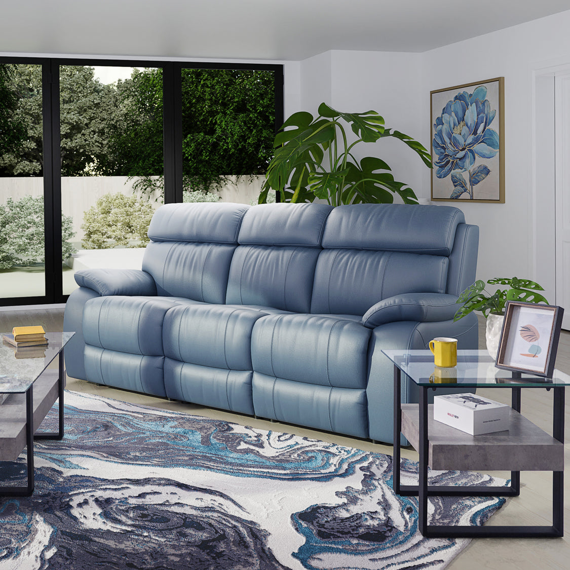 Blue sofa in a living room with decor elements