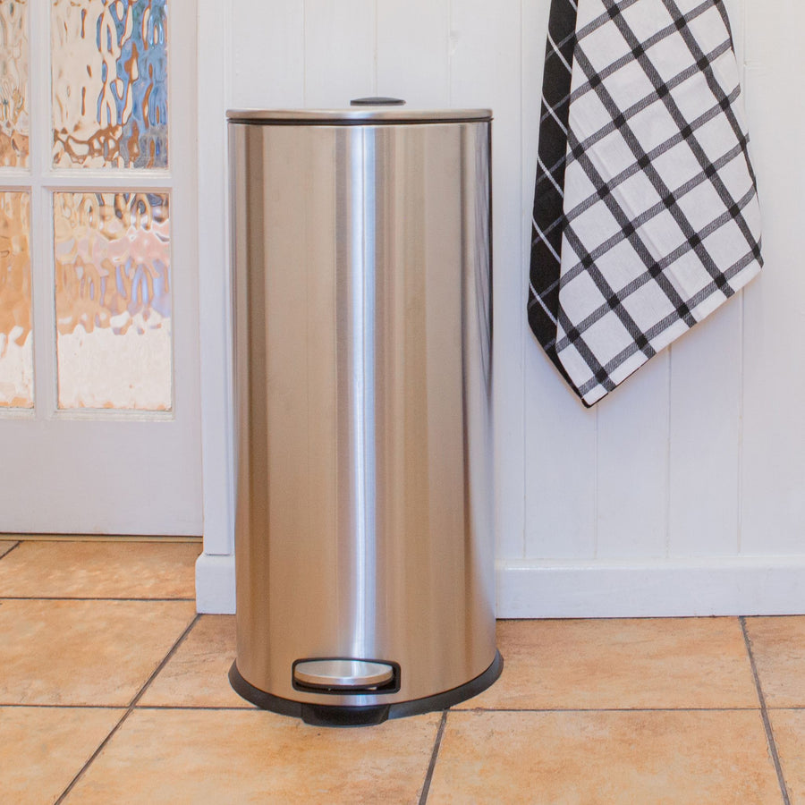 Round Brushed Stainless Steel Kitchen Pedal Bin - Round Pedal Bin SS Brushed 30L Sterling Home 1