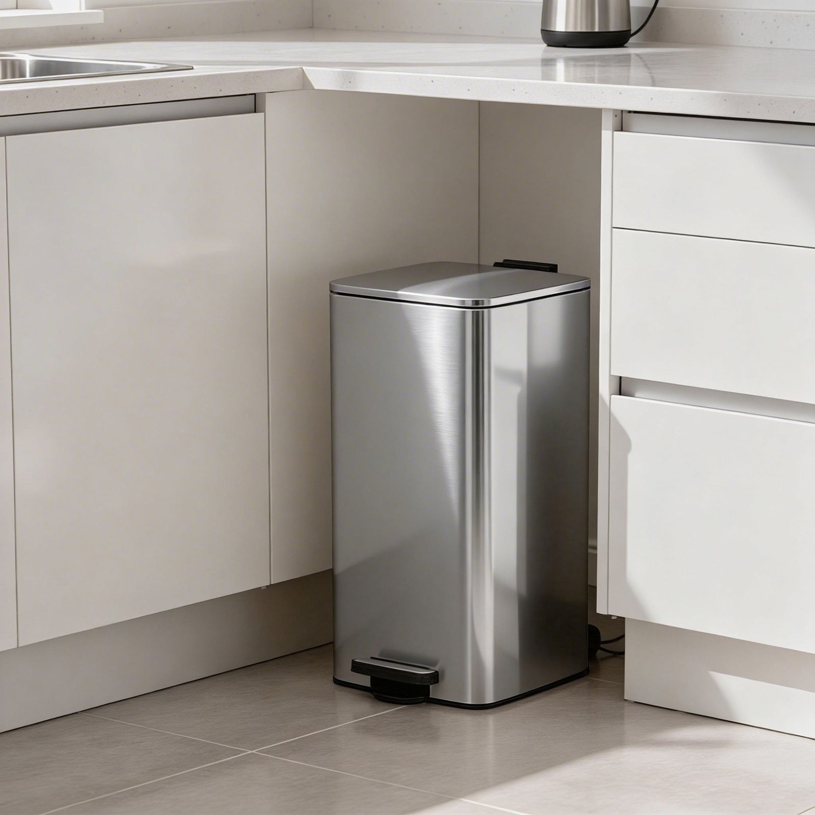 Square Stainless Steel Kitchen Bin - Square Pedal Bin Brushed SS 30L Sterling Home 1