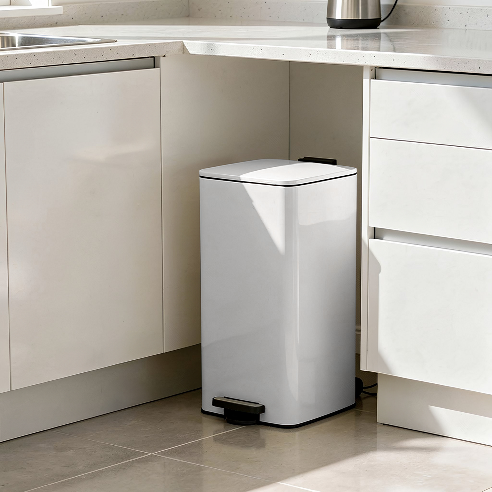 Square Stainless Steel Kitchen Pedal Bn - Square Pedal Bin White 30L Sterling Home 1