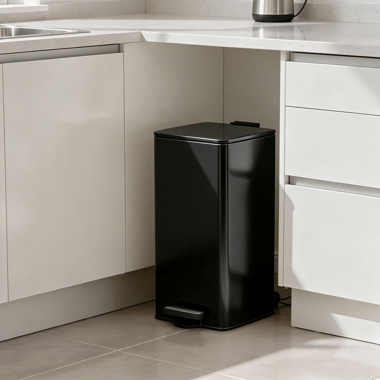 Square Stainless Steel Kitchen Pedal Bin - Square Pedal Bin Black 30L Sterling Home 1