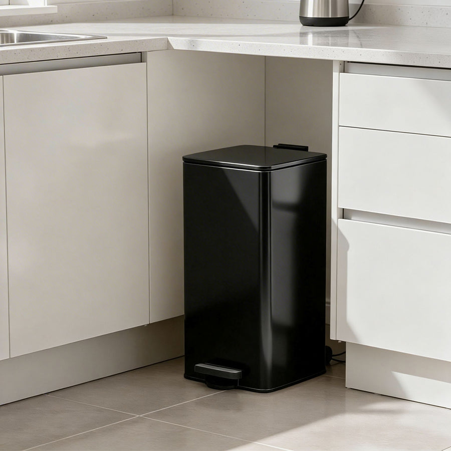 Square Stainless Steel Kitchen Pedal Bin - Square Pedal Bin Black 30L Sterling Home 1