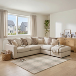 Hope Corner Sofa with Footstool - Corner Group with Stool Chaise Right Grade B - Right Hand Facing — Pillow Back / Lassie Linen/Wisp Gold/Larry Latte / Dark Brown Feet, gallery image 1