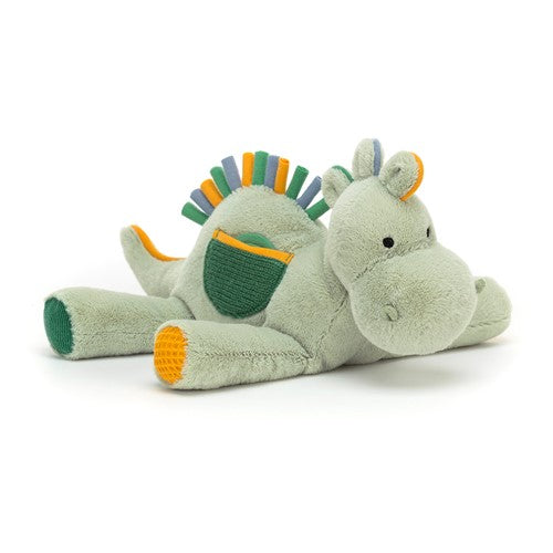 Jellycat dragon with colourful spikes on a white background
