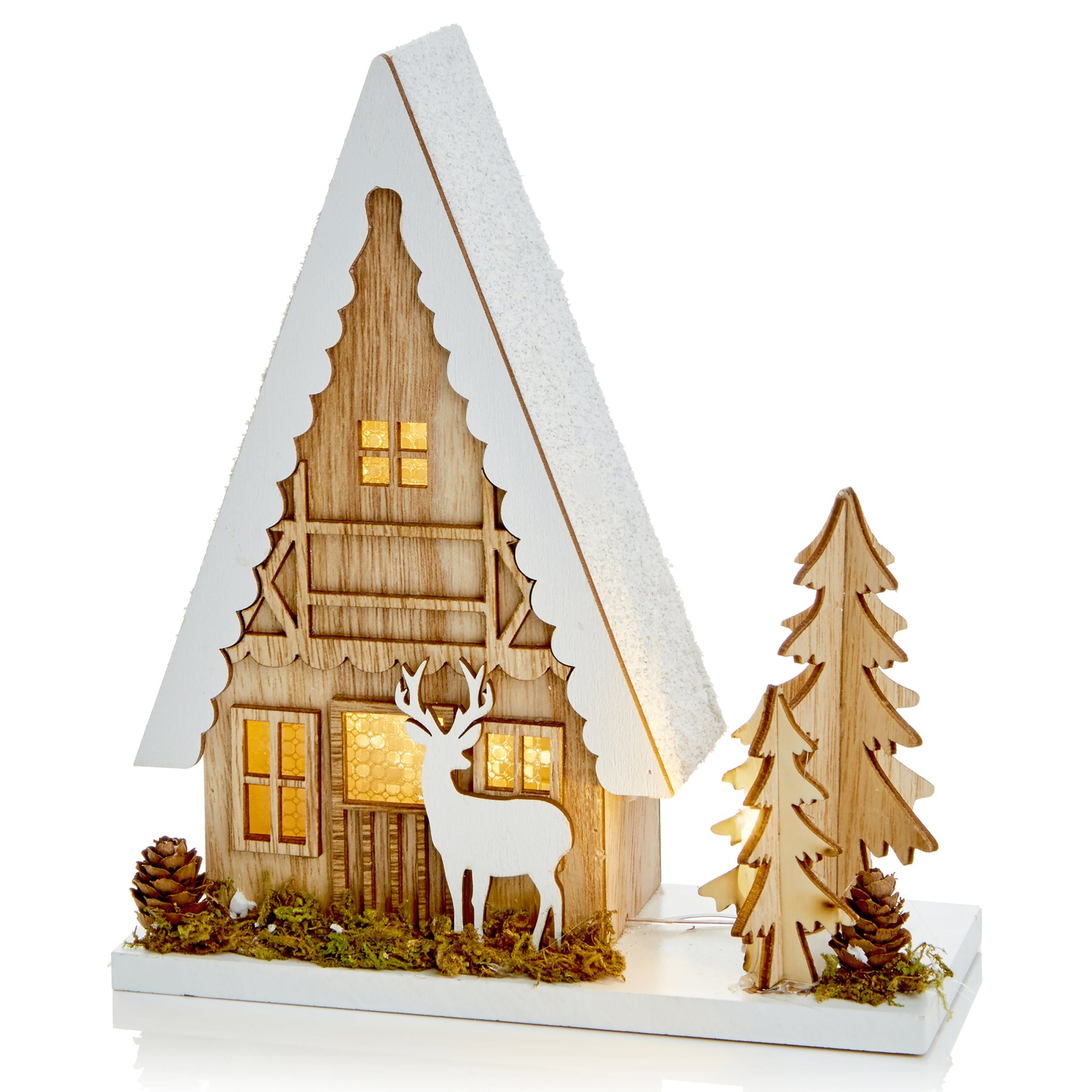 Wooden House With Tree & Reindeer Battery Operated - S BO Lit Wood House Tree Reindeer 22CM Sterling Home 1