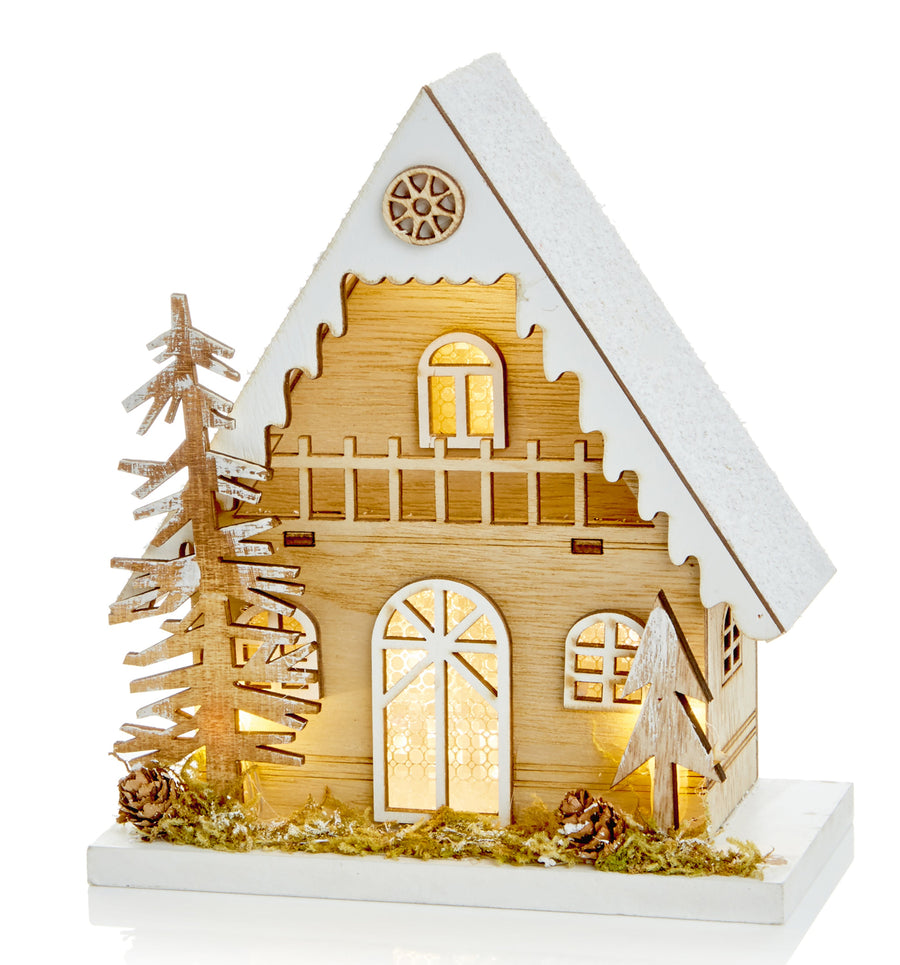 Wooden House With Trees Battery Operated - S BO Lit Wood Christmas House Trees 18CM Sterling Home 1