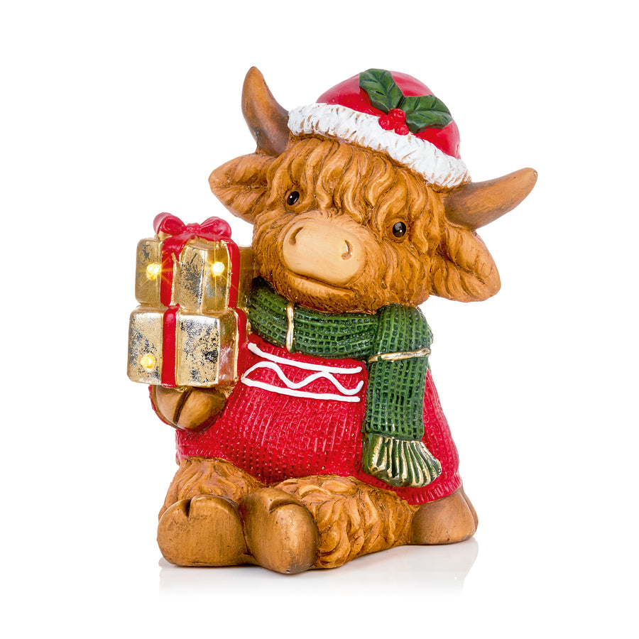 Highland Cow on Presents Battery Operated - C Lit BO MGO Highland Cow Presents 26CM Sterling Home 1