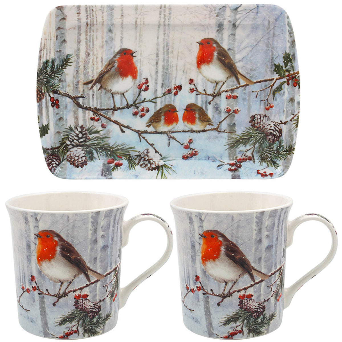 Christmas Robins Mugs With Tray - Christmas Robins Mugs With Tray Sterling Home 1