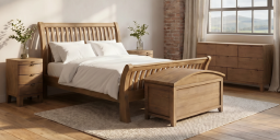 A light natural wood bedroom furniture set including a slatted bed frame, matching nightstands, a dresser, and a bench, arranged in a bright bedroom with a window and brick wall.