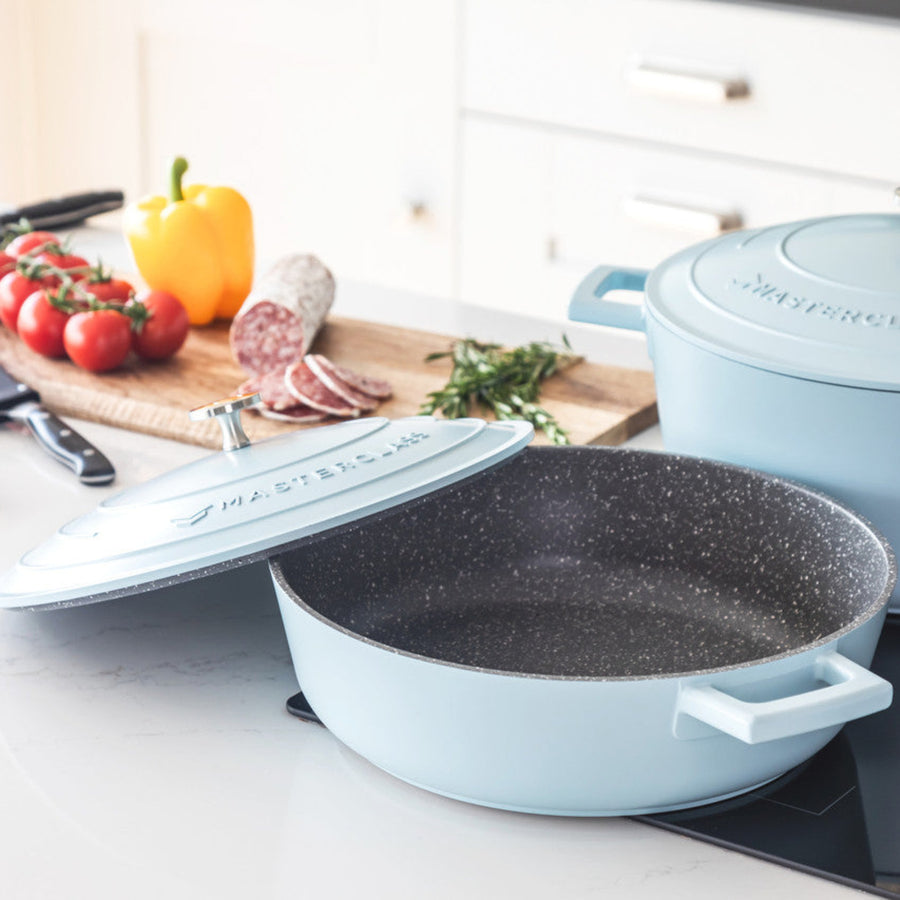 MasterClass Blue Cast Aluminium Shallow Casserole Dish - MC Cast Alu Shallow Casserole Dish 4L Sky Blue Sterling Home 1