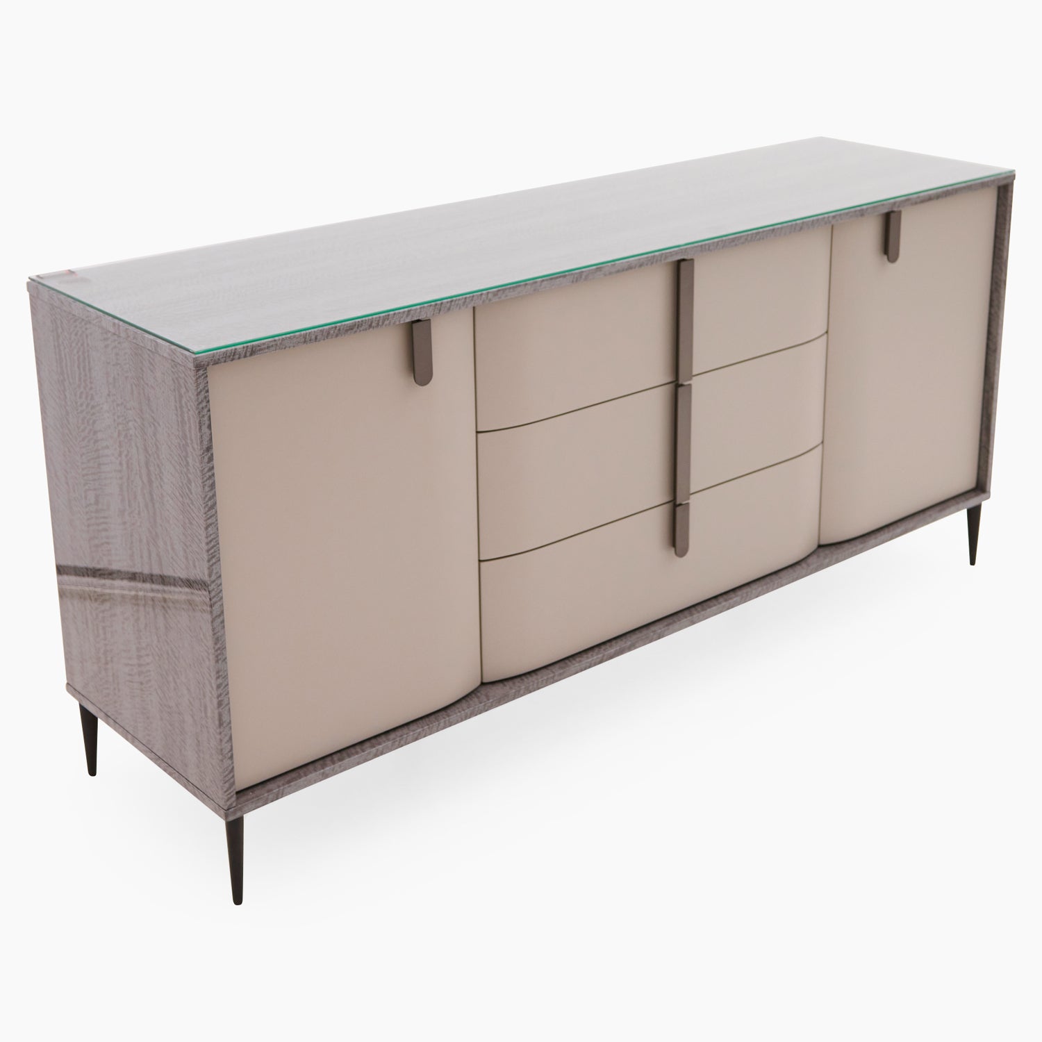 Beige sideboard with glass top on a white background