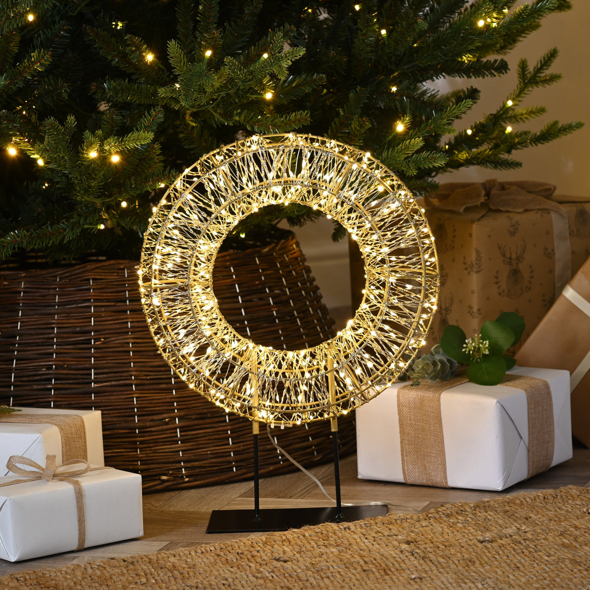 Lit Gold Shimmer Wreath On Stand - Lit Gold Shimmer Wreath On Stand-Warm White 45CM Sterling Home 1