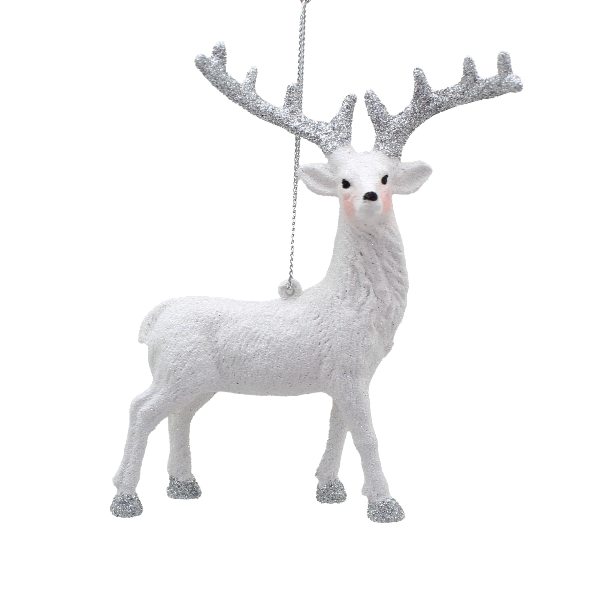 Glitter Reindeer Silver & White Hanging Tree Decoration - L Hanging Silver White Glitter Reindeer 14CM Sterling Home 1