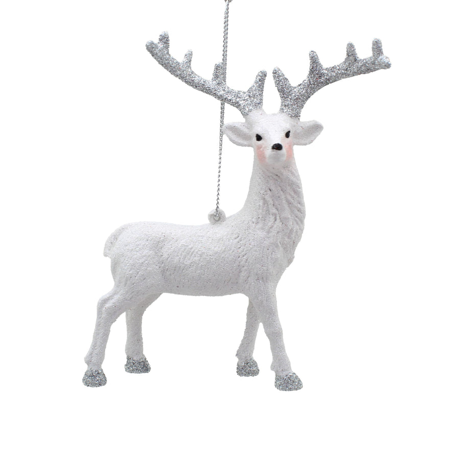 Glitter Reindeer Silver & White Hanging Tree Decoration - L Hanging Silver White Glitter Reindeer 14CM Sterling Home 1
