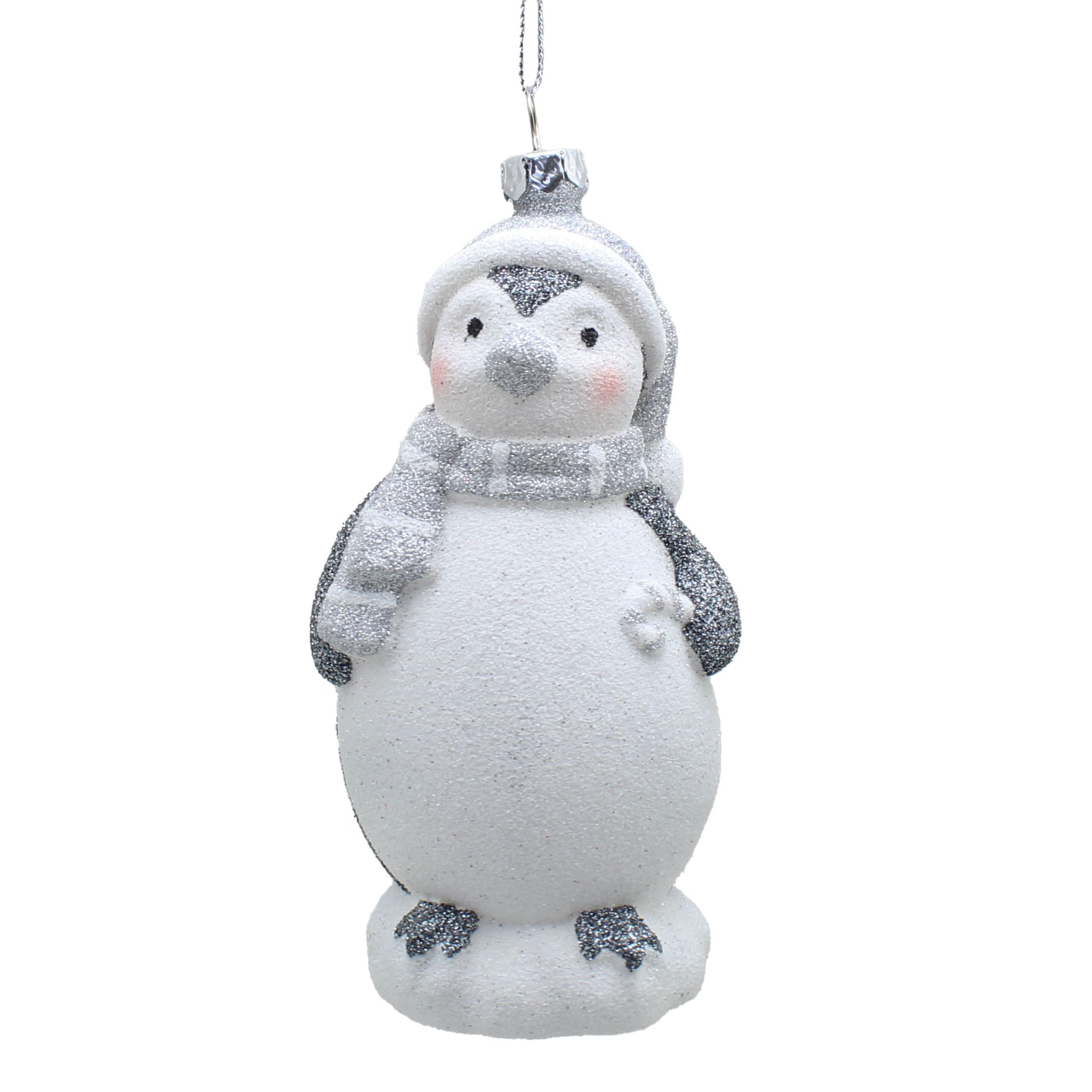 Glitter Penguin Silver & White Hanging Tree Decoration - L Hanging Silver White Glitter Penguin 12CM Sterling Home 1