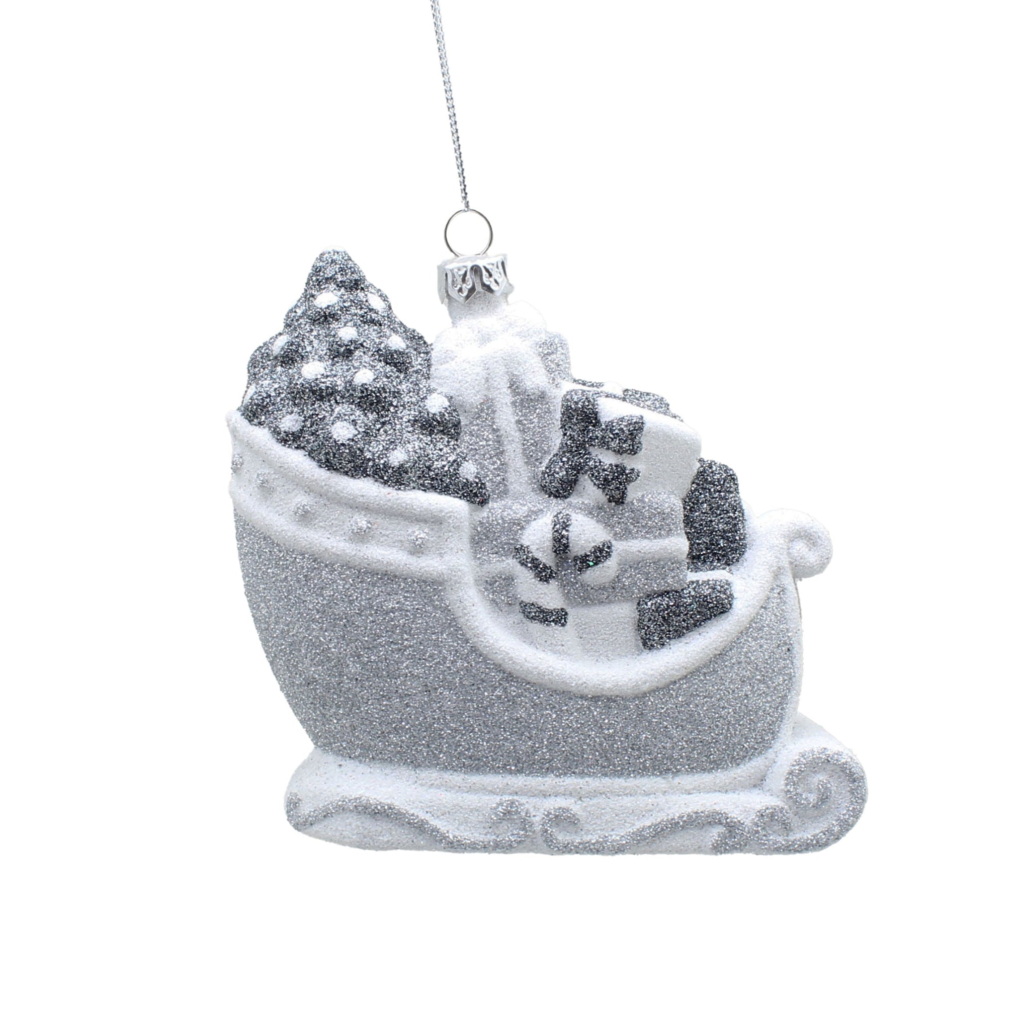 Glitter Sleigh Silver & White Hanging Tree Decoration - L Hanging Silver White Glitter Sleigh 11CM Sterling Home 1